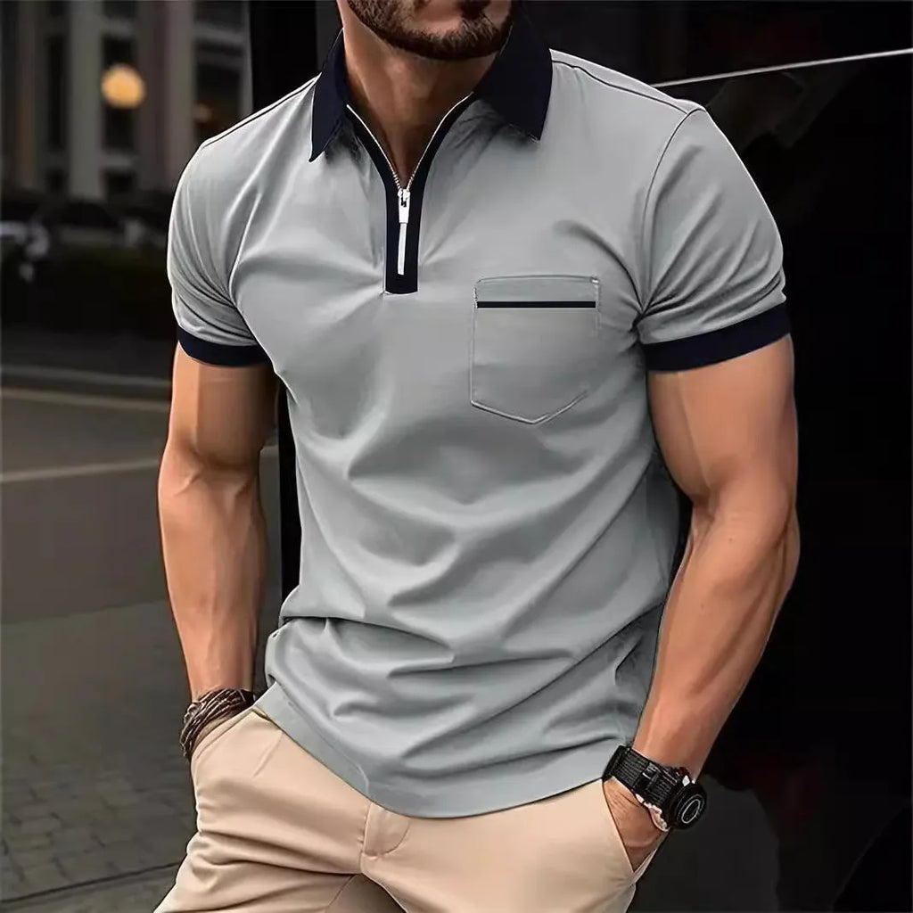 Men's casual short sleeve shirt with chest pocket and zip decoration in loose fit