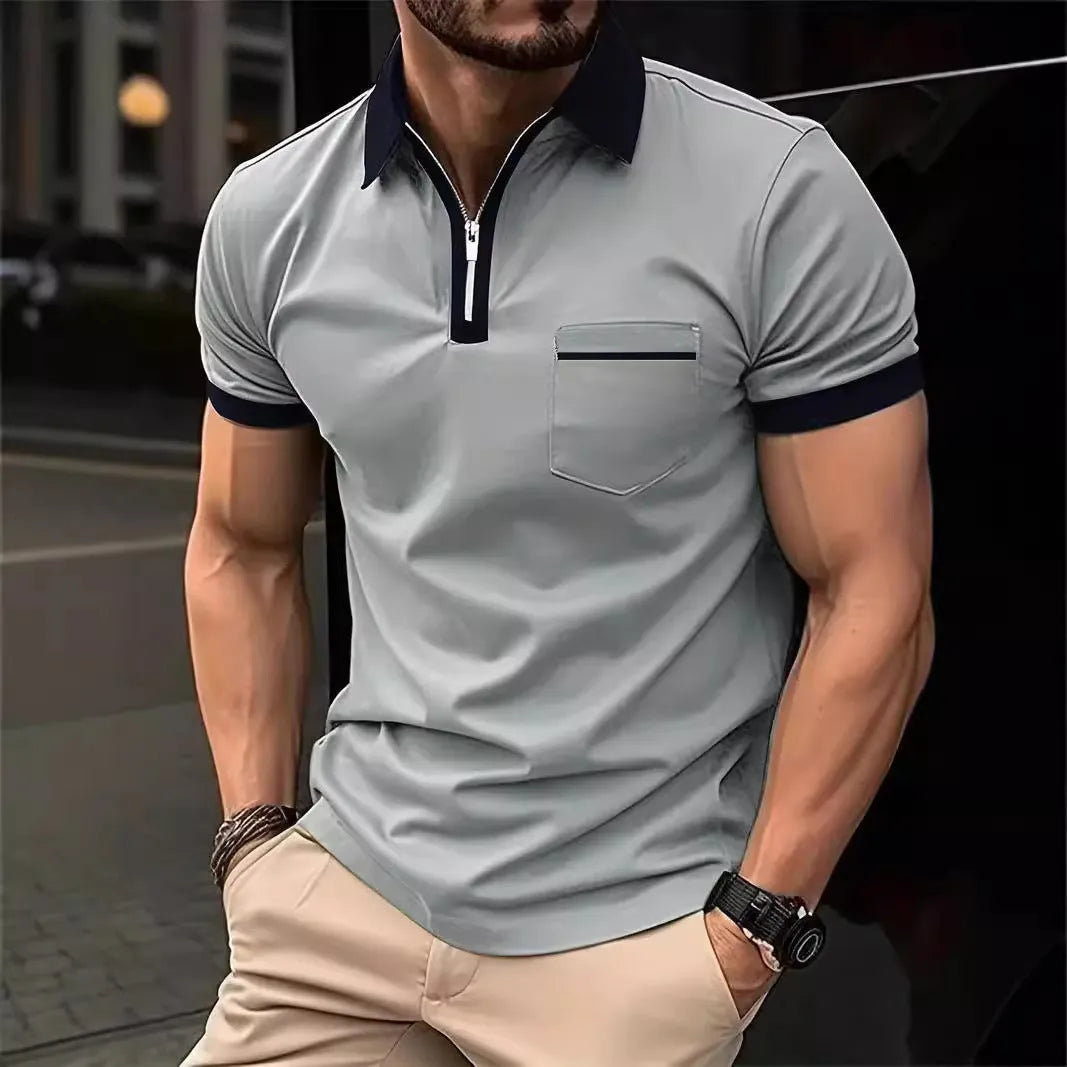 Men's casual short sleeve shirt with chest pocket and zip decoration in loose fit