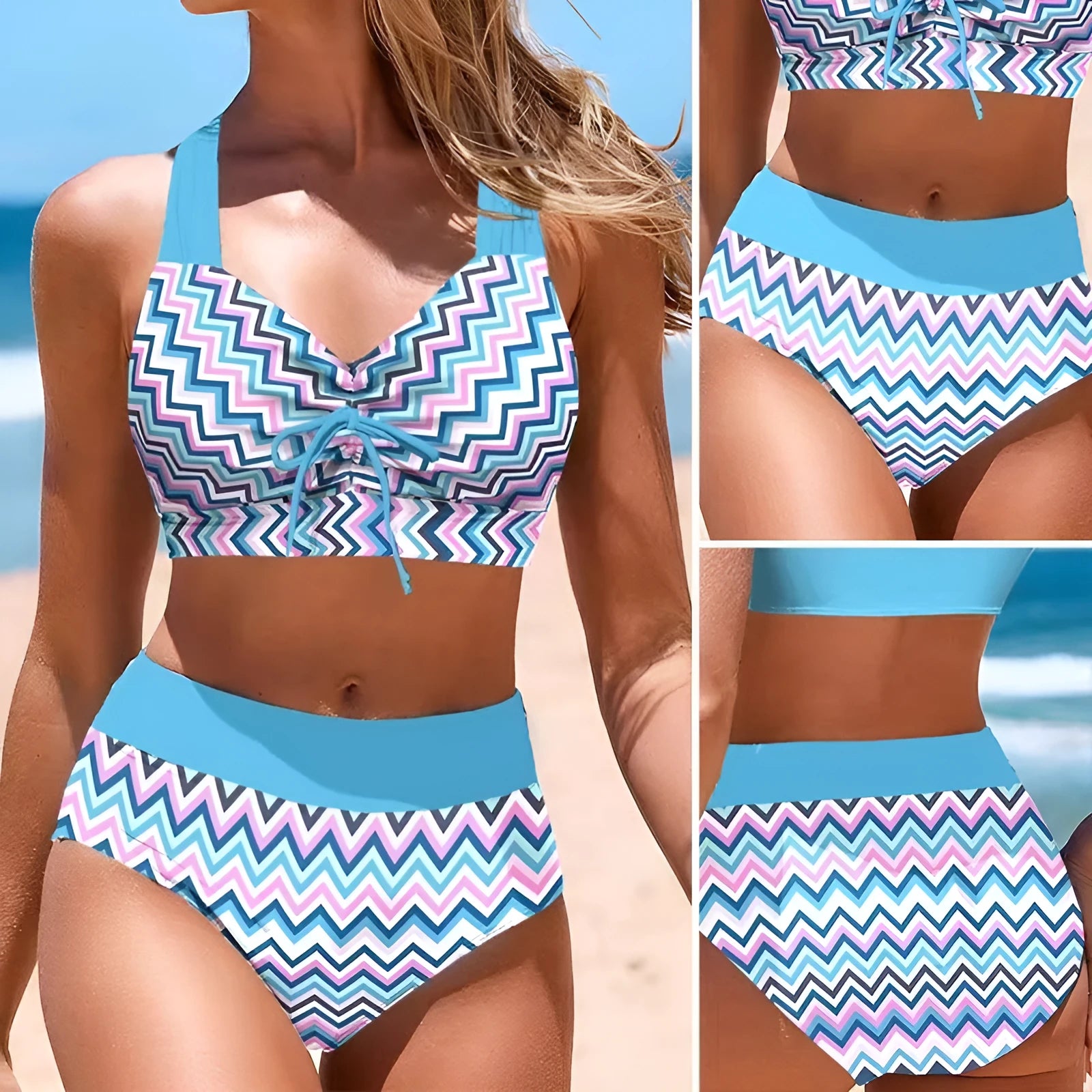 Women's polyester bikini set in briefs style showing blue and grey colour options