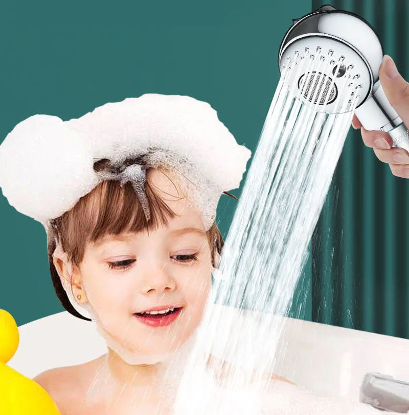 Silver handheld pet shower head with non-pressurised gentle spray for baby and pet baths