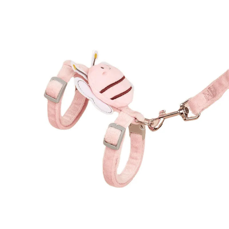 Bee-shaped adjustable cat leash harness in blue colour with strap and hand holding rope