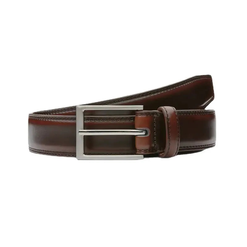 Men's brown genuine leather casual belt with a silver alloy buckle on a plain background.