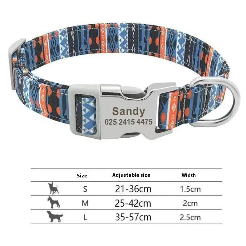 Striped canvas dog collar with semi-metal buckle in bohemian blue colour with adjustable sizing.