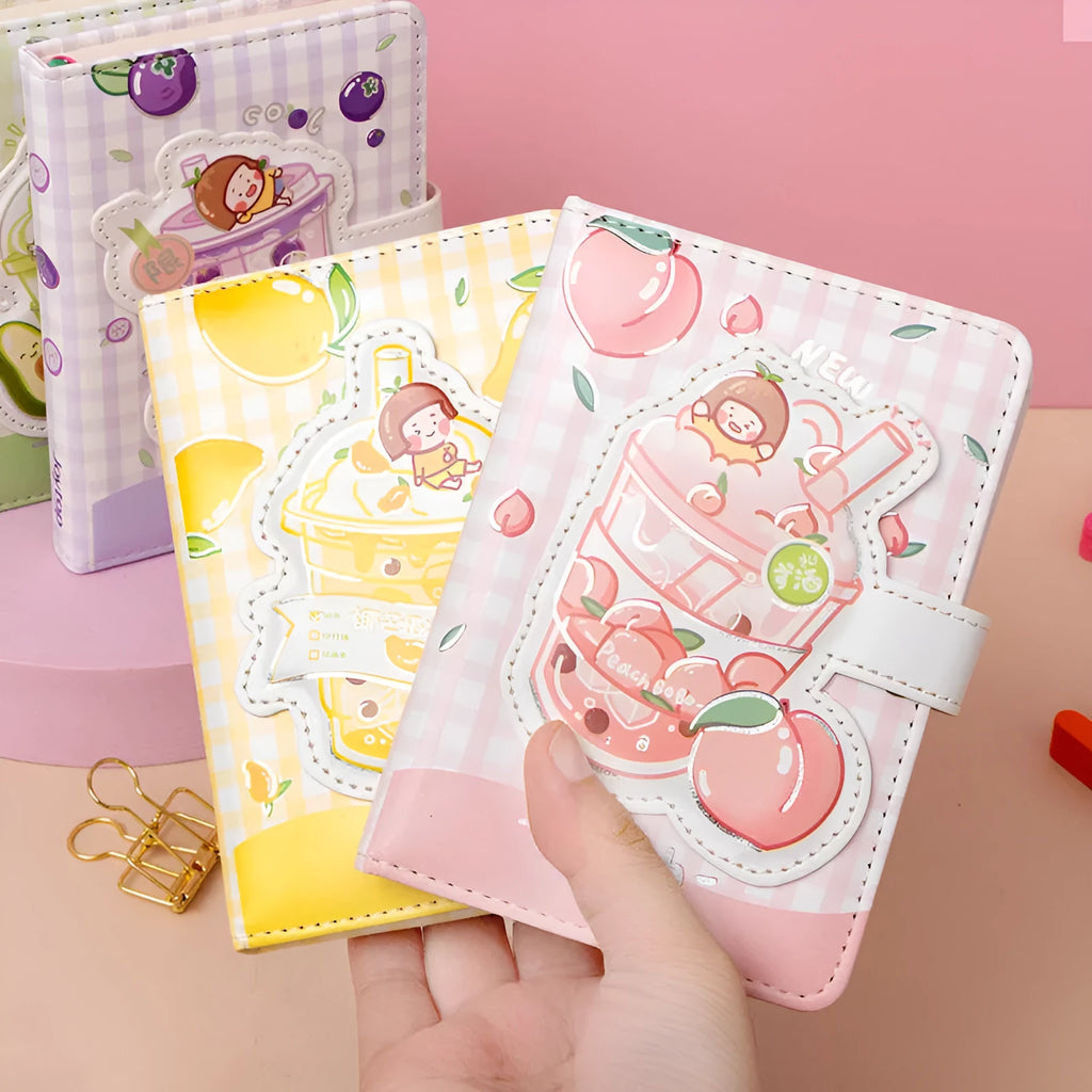 Cute magnetic buckle notebook with heart design, A6 size, in pink colour on a white background