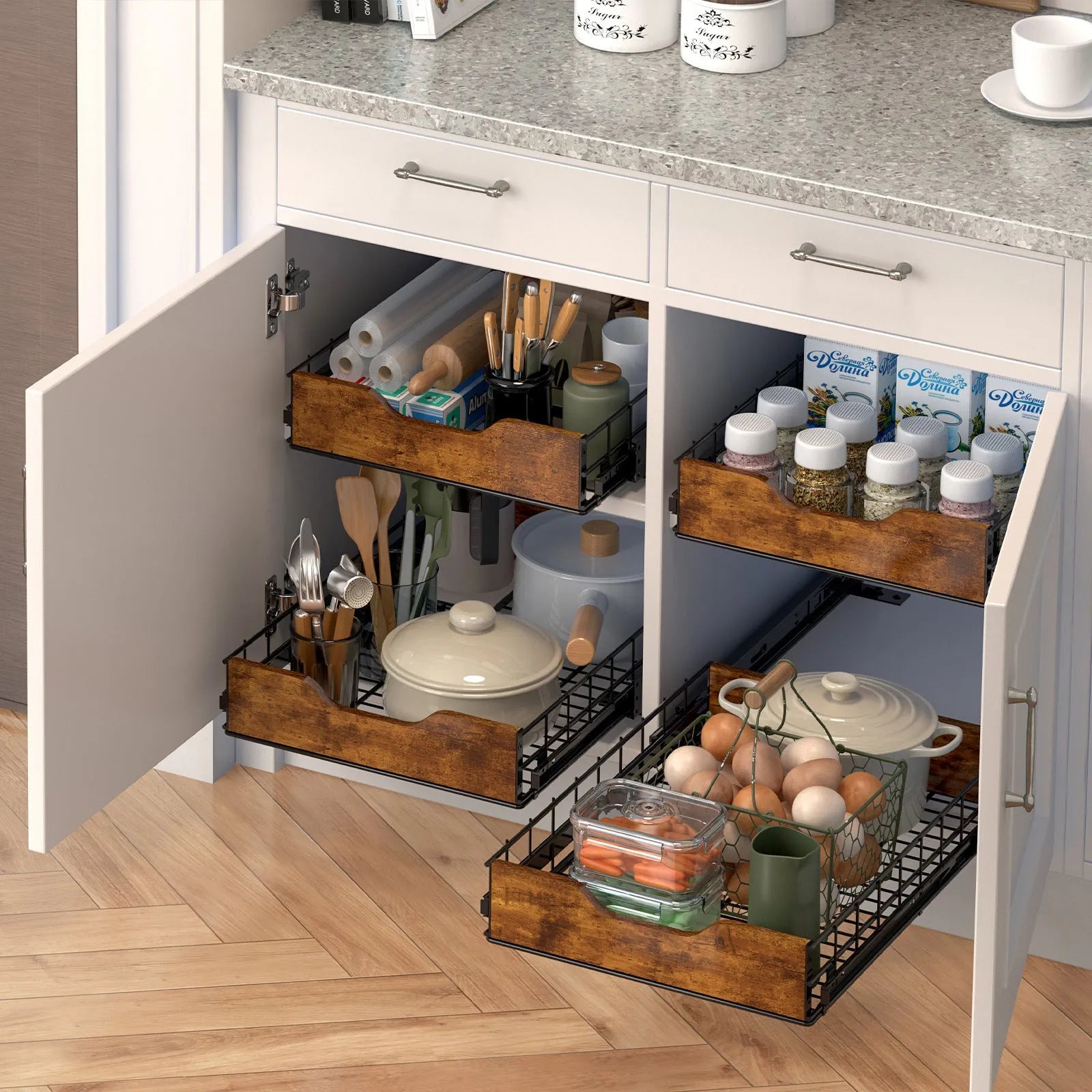 Black iron storage rack with wooden pull baskets for kitchen organisation.