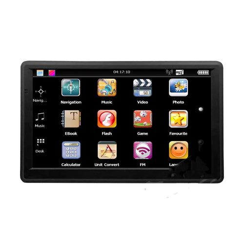 7 inch portable car GPS navigation device with HD touch screen on a windshield bracket.
