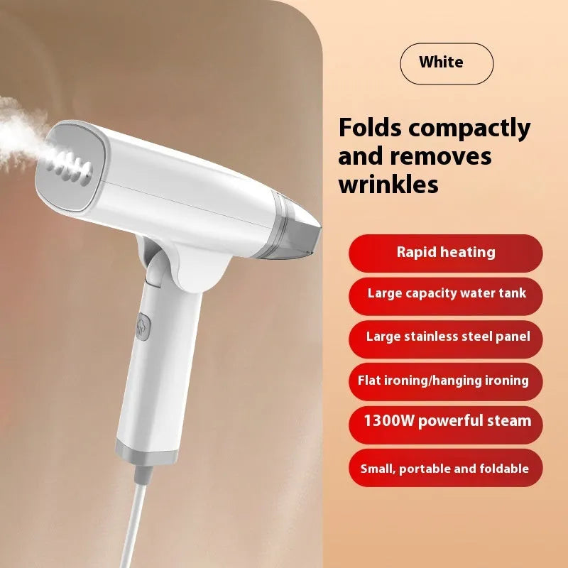 Blue handheld garment steamer unit with water tank and nozzle, showing compact size.