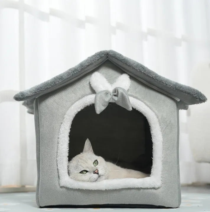 Small plush PP cotton pet house nest with bowknot design for cats and small dogs, winter warm indoor use