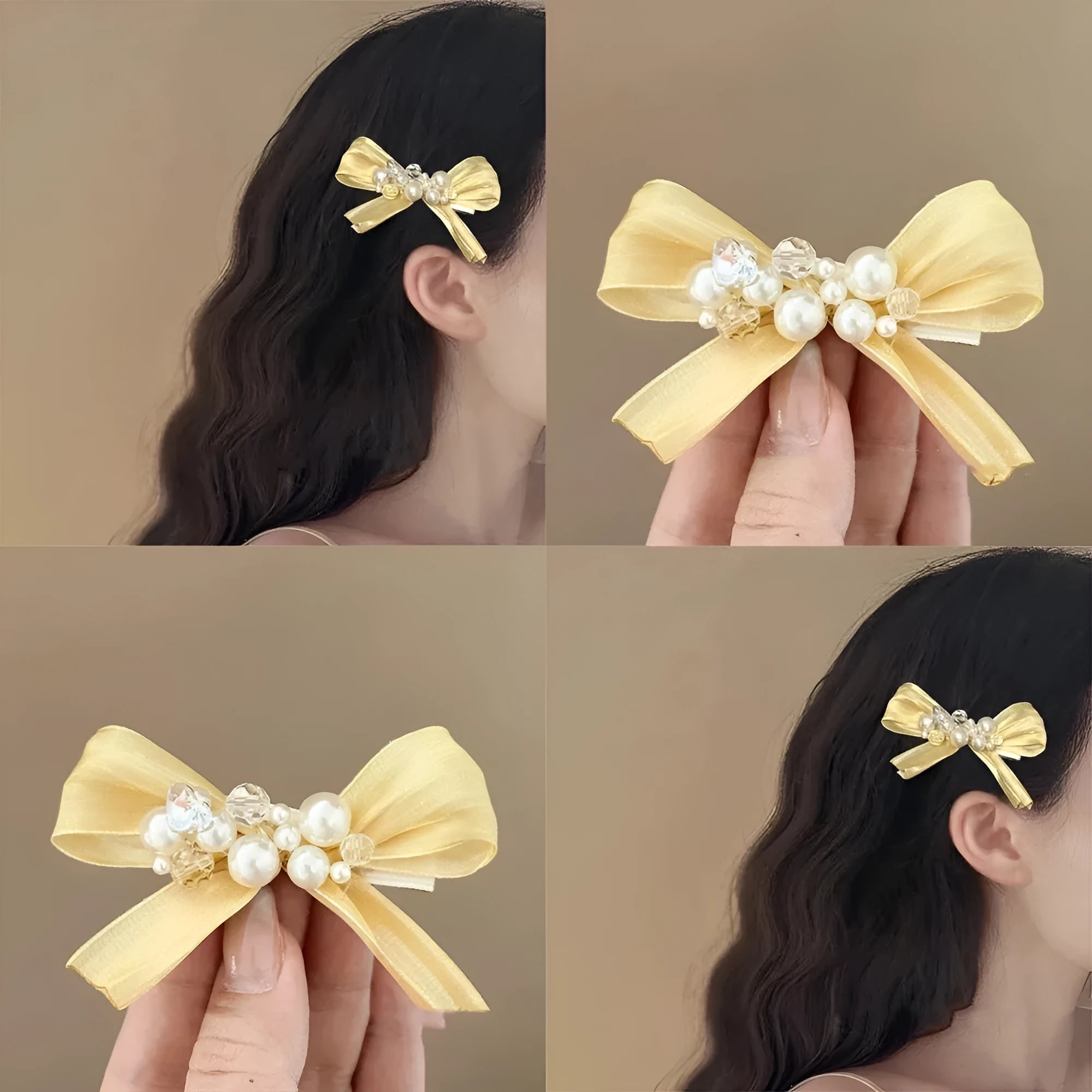Yellow cloth bow hair clip with rhinestone and pearl decoration on duckbill hair grip