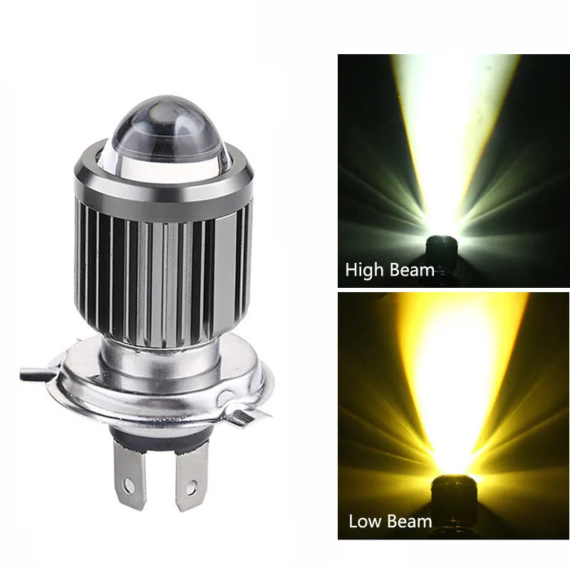 H4 two-color LED motorcycle headlight bulb with aluminium body and glass lens