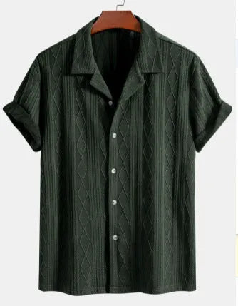 Men's loose fit short sleeve cardigan in solid colour on a hanger.