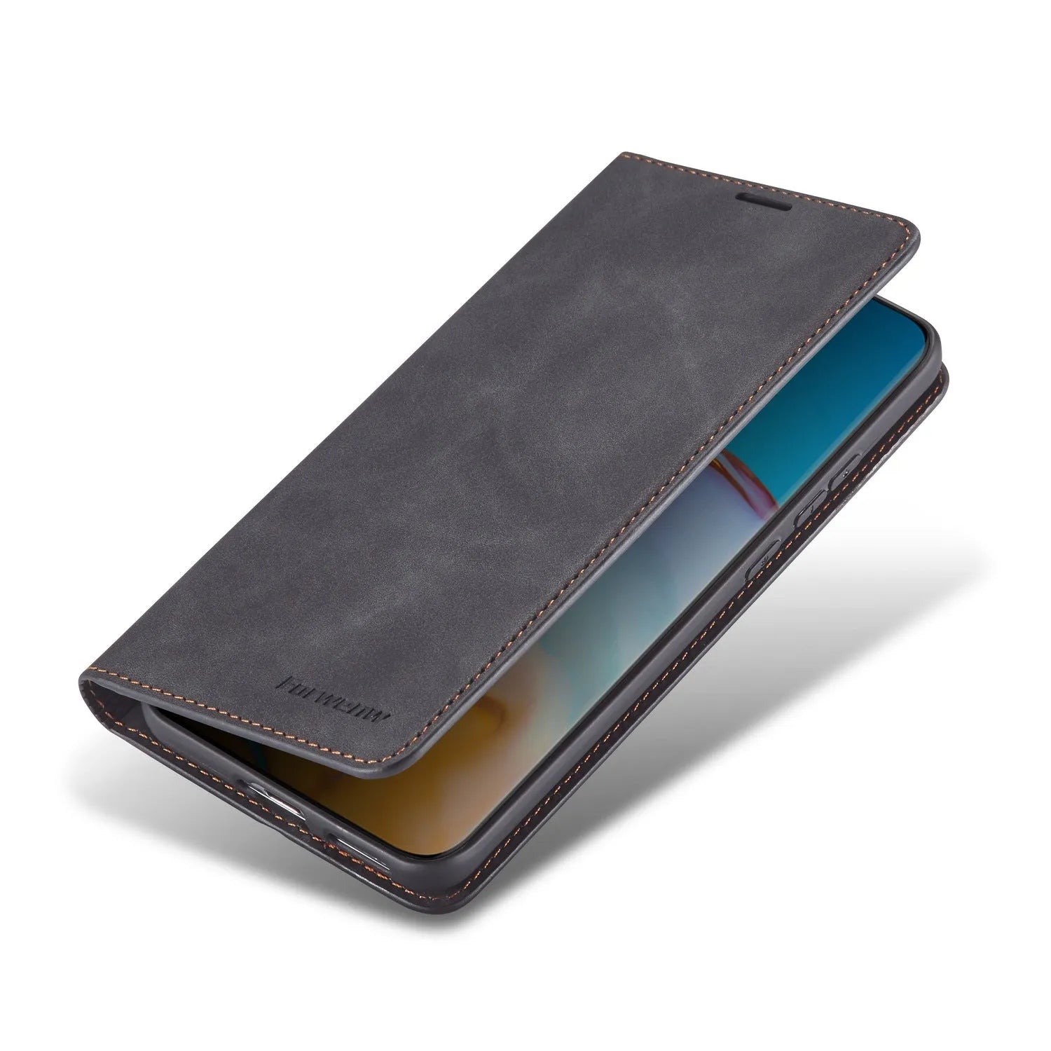 Flip leather phone case for Huawei P40 Pro with card slot, black colour, handmade PU and TPU construction
