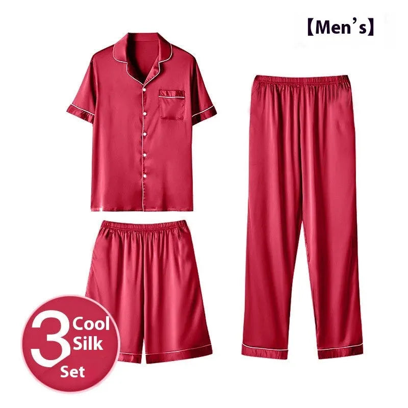 Men's ice silk three-piece home wear suit showing thin fabric, including trousers and shorts, in a selection of available colours.