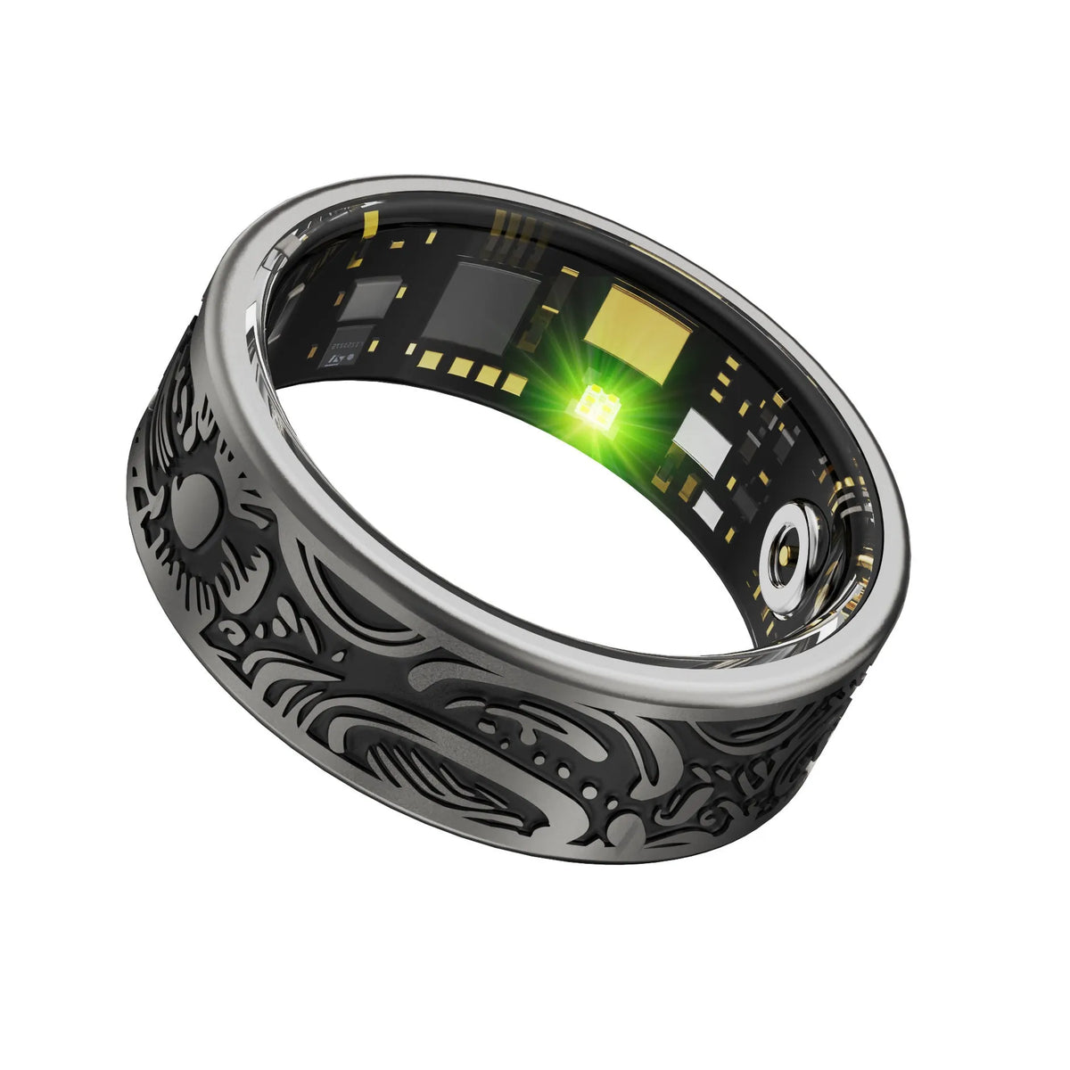 Retro black smart ring with stainless steel finish for heart rate and blood pressure monitoring