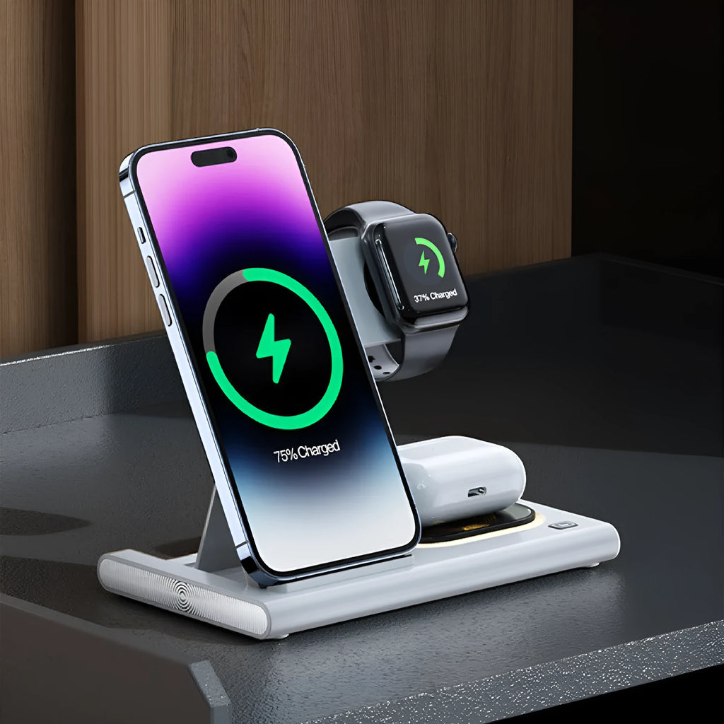 Black folding four-in-one wireless charger on a desk, showing its compact size and USB connection.