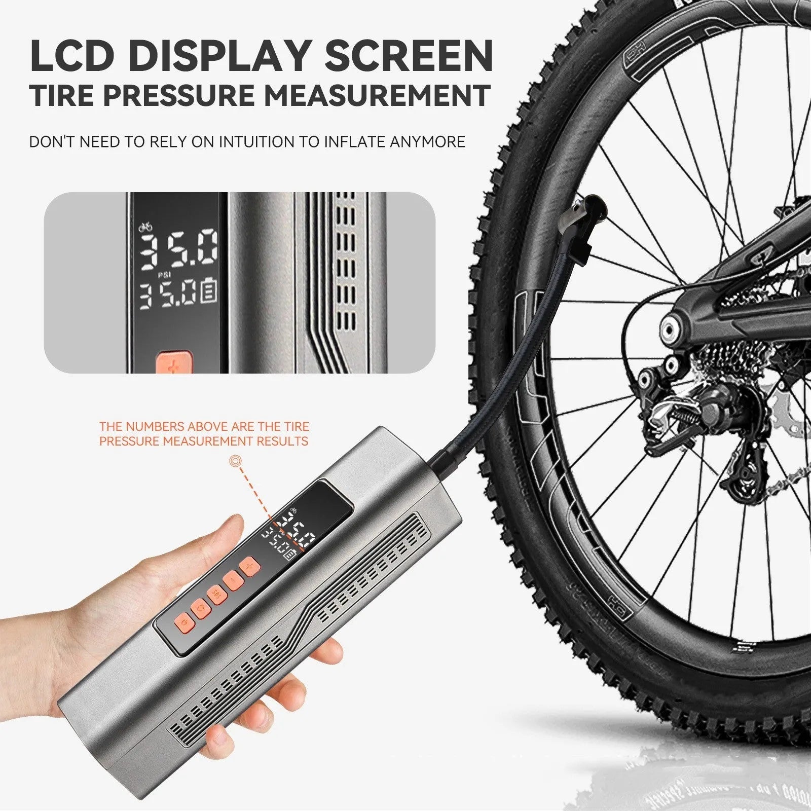 Wireless digital tyre inflator with LCD display showing pressure readings and Type-C charging port