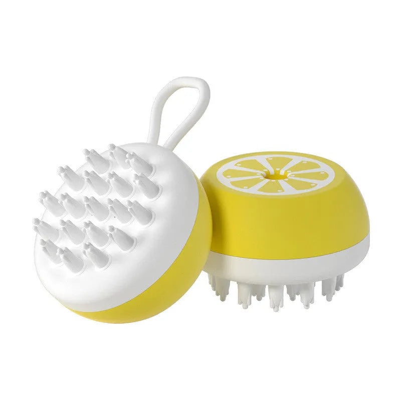 A soft silicone pet bath brush in yellow, shown with both a combed hair side and a 3D massage head side for dog and cat grooming.