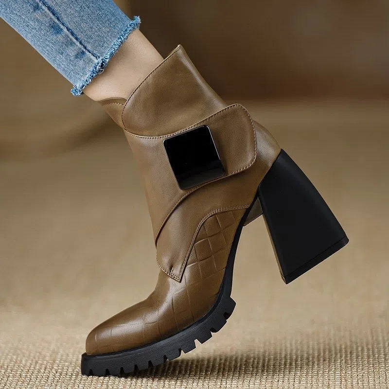 Retro chunky heel ankle boots for women with velvet lining, waterproof platform, and pointed toe in brown colour option