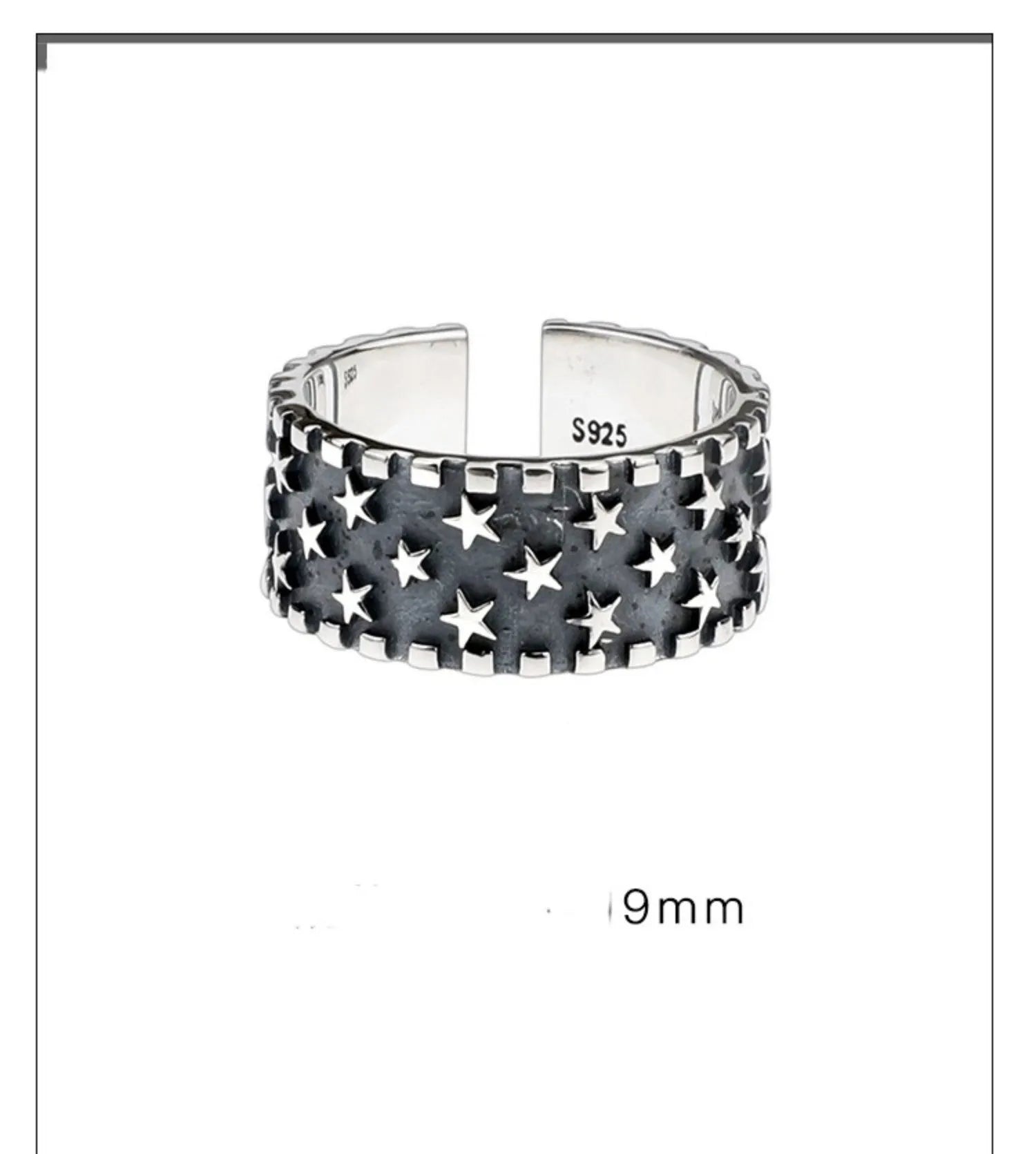 Sterling silver ring with a five-pointed star pattern and an adjustable open band.