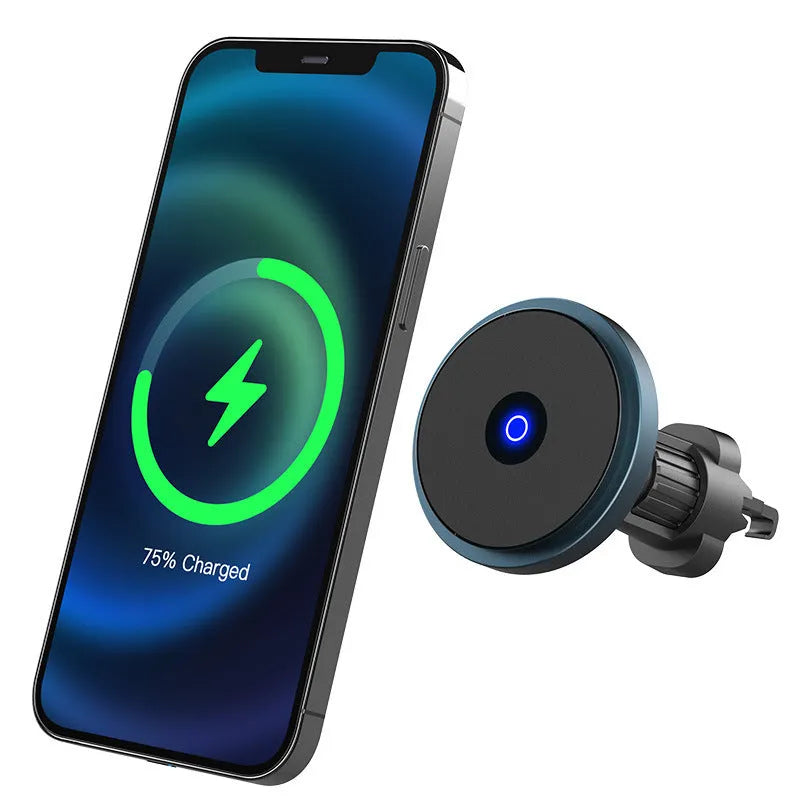 Black 15W magnetic fast charging car wireless charger mounted on a car air vent.