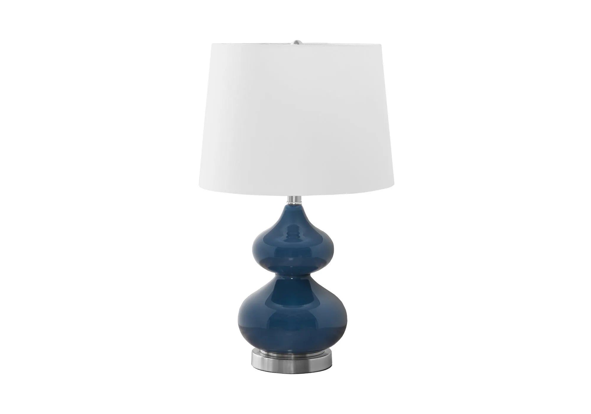 64cm tall crystal glass desk lamp with dark blue cloth lampshade on wooden desk
