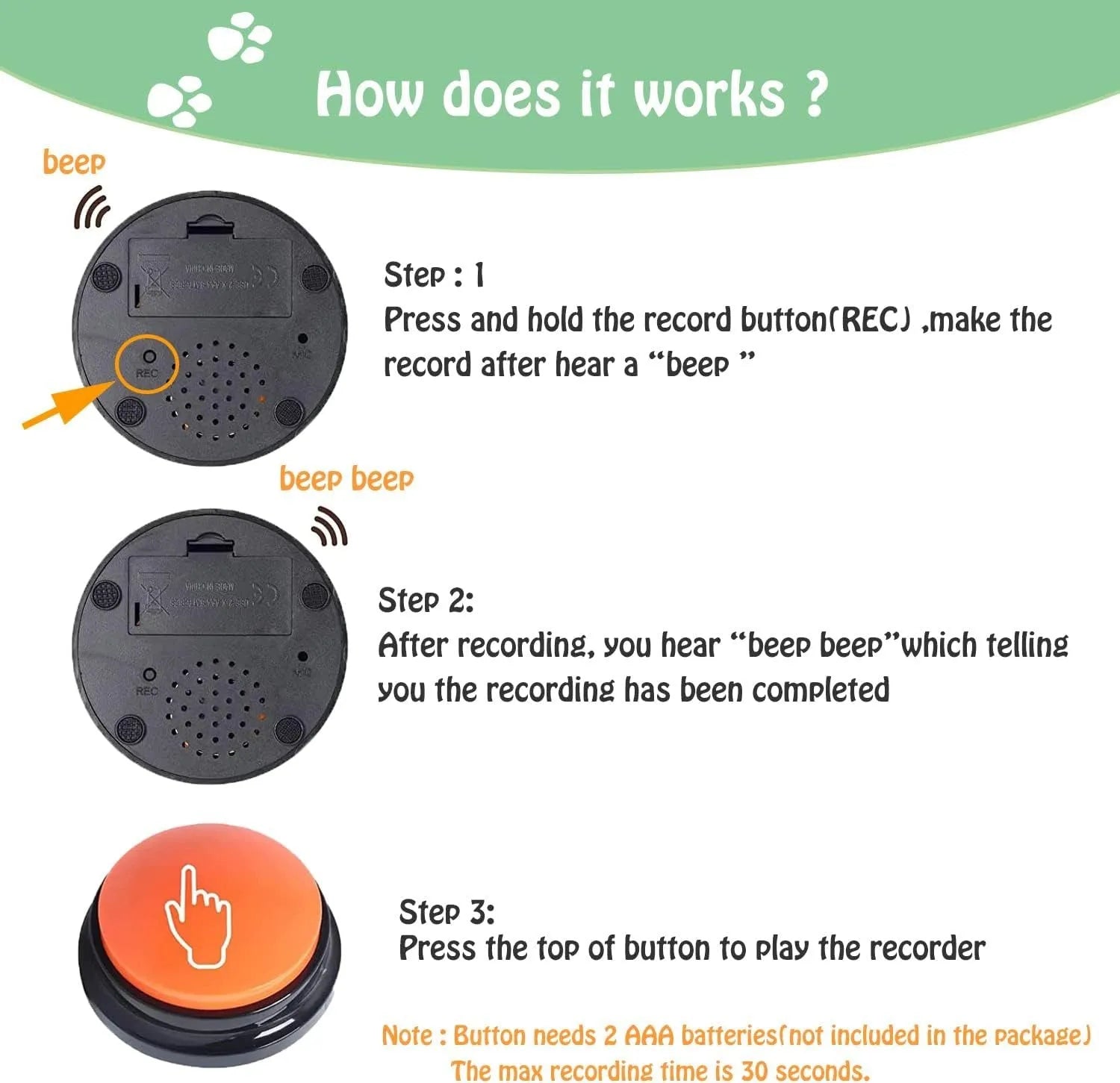 Voice recording button pet training device with multiple colour options for dog command training