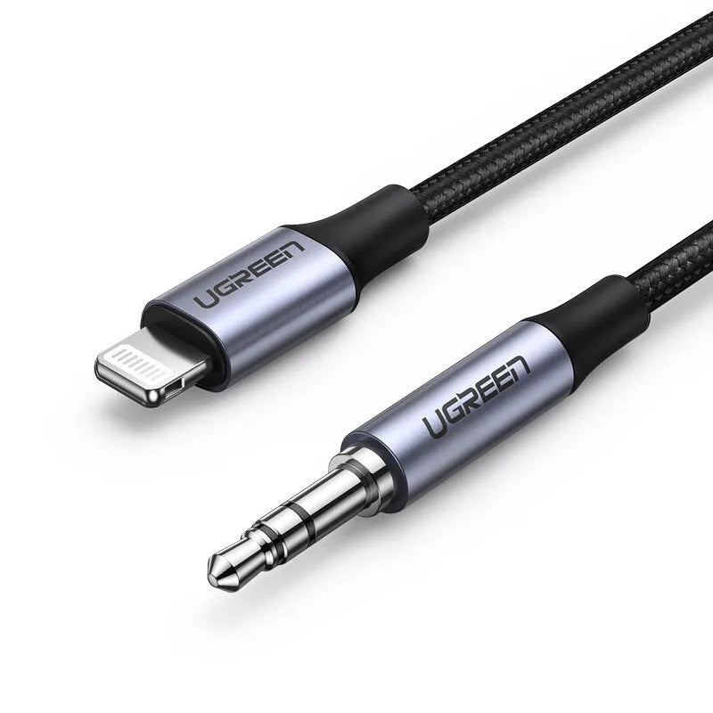 Black Apple Lightning to 3.5mm car audio adapter cable with aluminium shell and braided cable