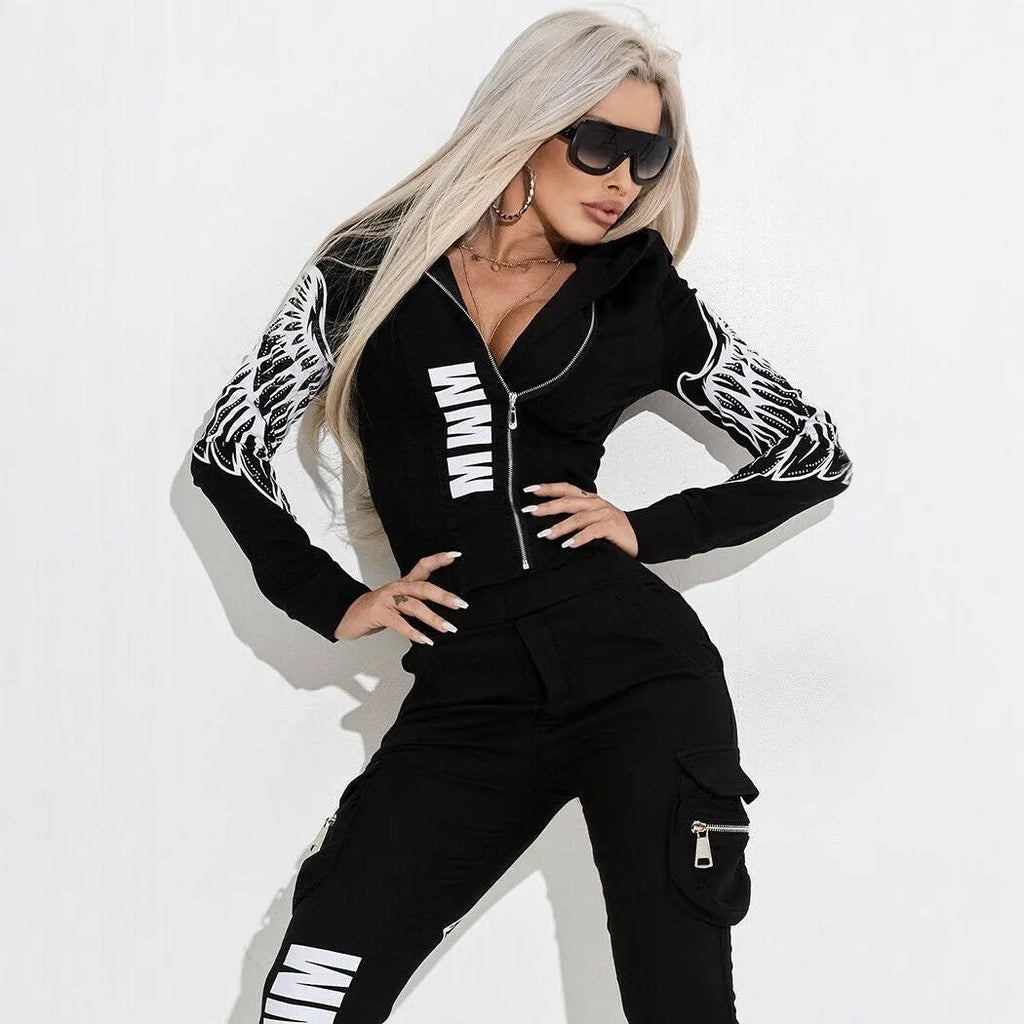 Women's black casual suit with wings printing, hooded zipper top, and matching trousers for street fashion.
