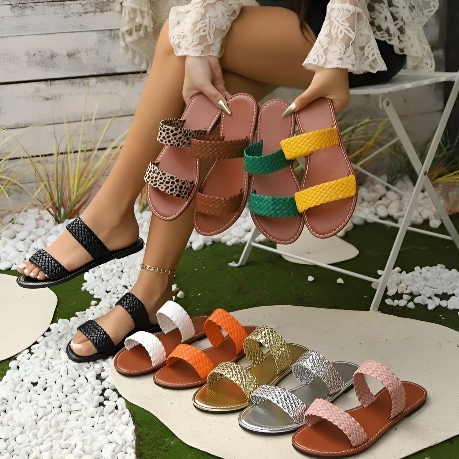 Plus size women's woven beach slipper in synthetic leather, shown in a choice of colours.