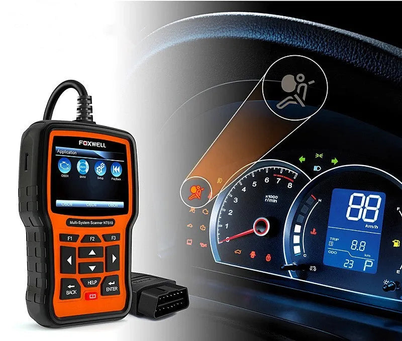 Foxwell NT510 automotive diagnostic tool with orange and black casing and large TFT colour screen