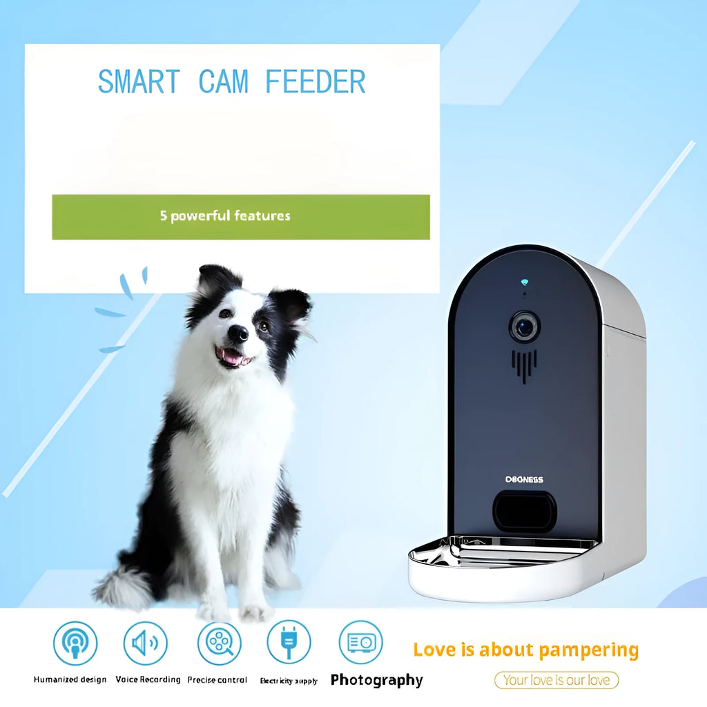 Smart pet feeder in plastic construction with automatic feeding and remote monitoring, available in multiple colours