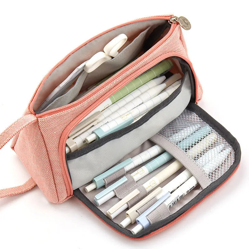 Canvas plaid pencil case with striped Korean style square shape