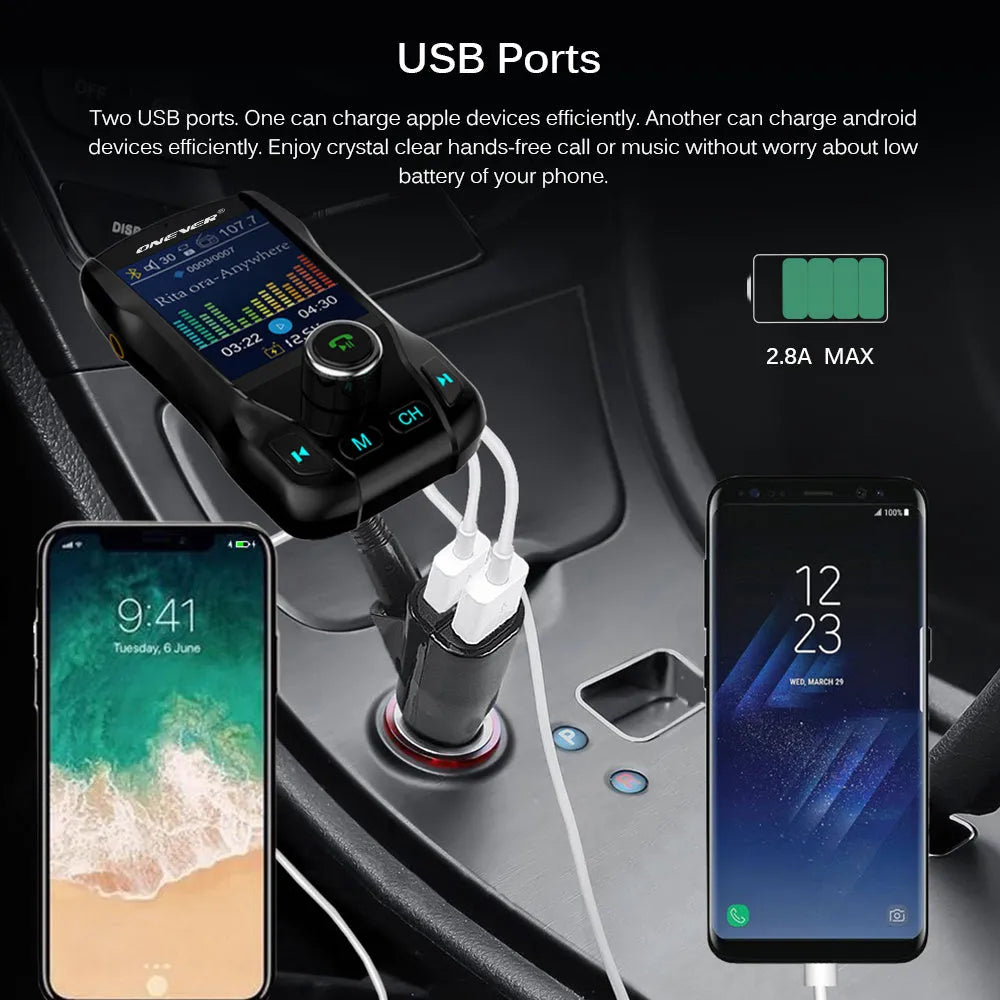 Black Bluetooth car FM transmitter with colour screen and dual USB ports plugged into a car dashboard.