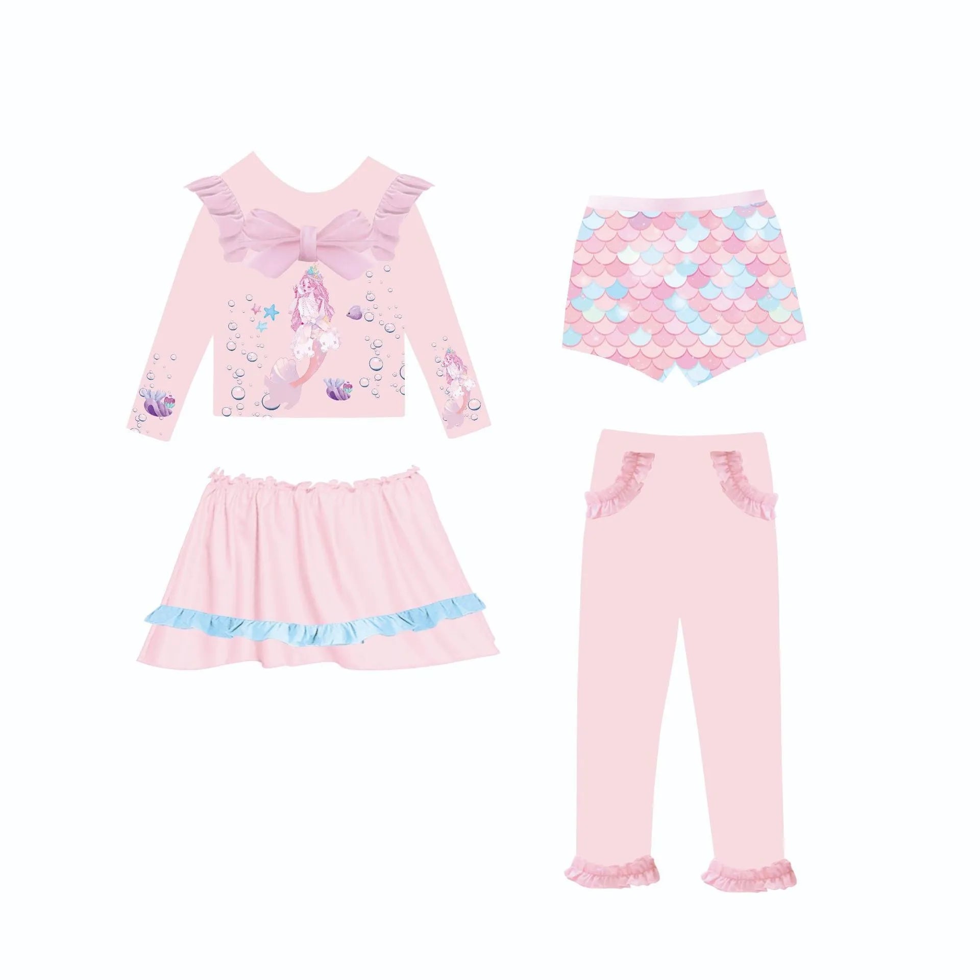 Girl's gilded coloured mermaid swimsuit set with top, skirt, trousers, and shorts laid flat.