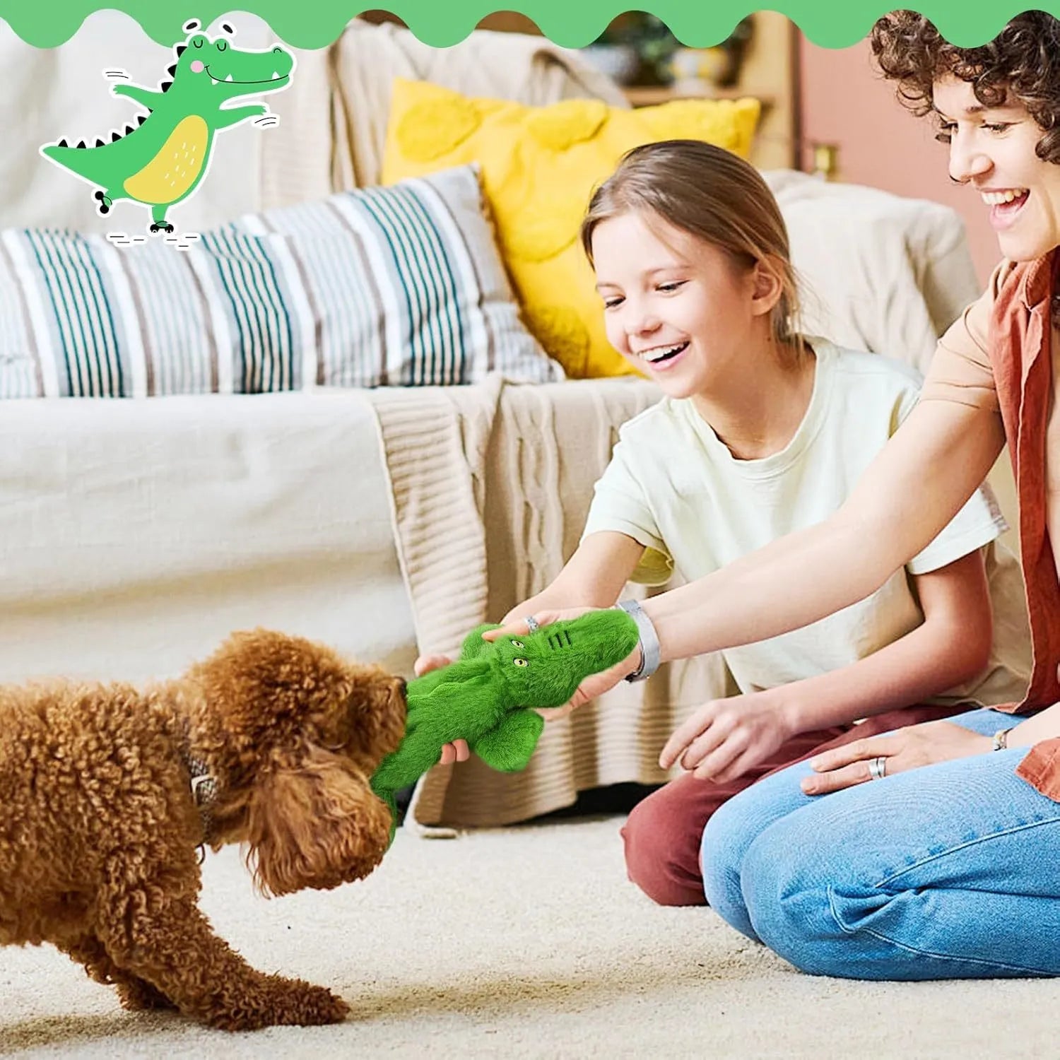 Green crocodile plush dog toy with squeaker and crinkle paper, no stuffing, for aggressive chewers.