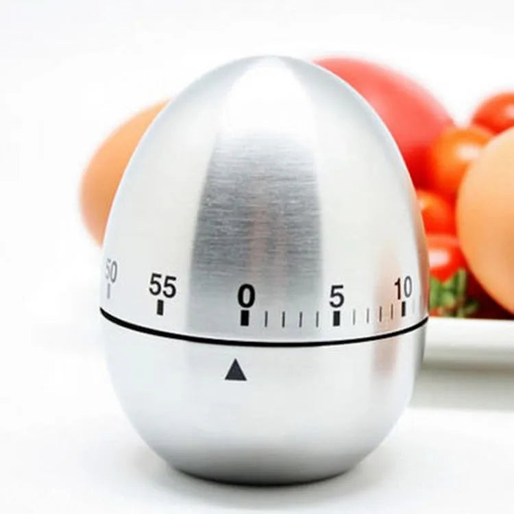 Stainless steel egg-shaped mechanical kitchen timer with a 60-minute dial