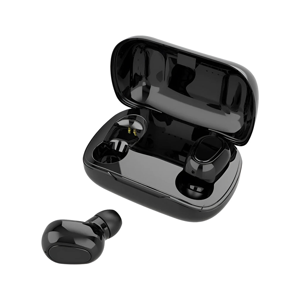 Sports mini in-ear Bluetooth 5.0 headphones in black with charging chamber and silicone ear caps