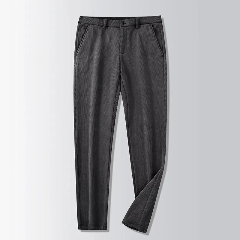 Straight-leg striped trousers in a khaki colour, showing the zip fly front and classic fit.