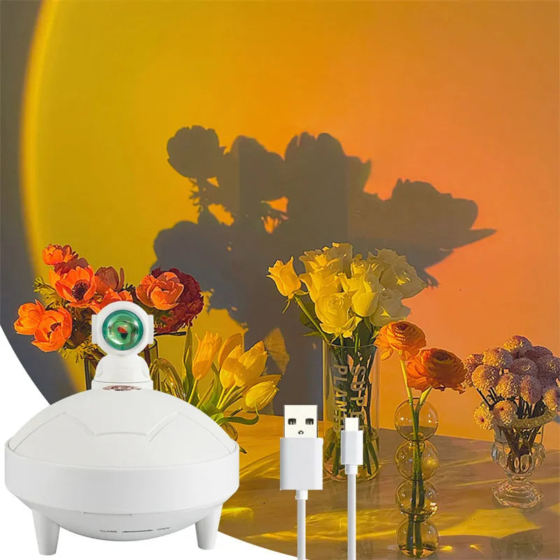 Astronaut sunset lamp humidifier with 360 degree rotating head in green colour, placed on a nightstand