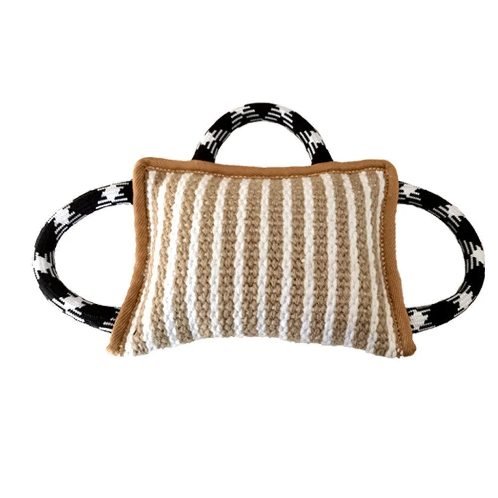 Jute dog tug toy with three rope handles showing 26 cm bite pillow for medium large dogs