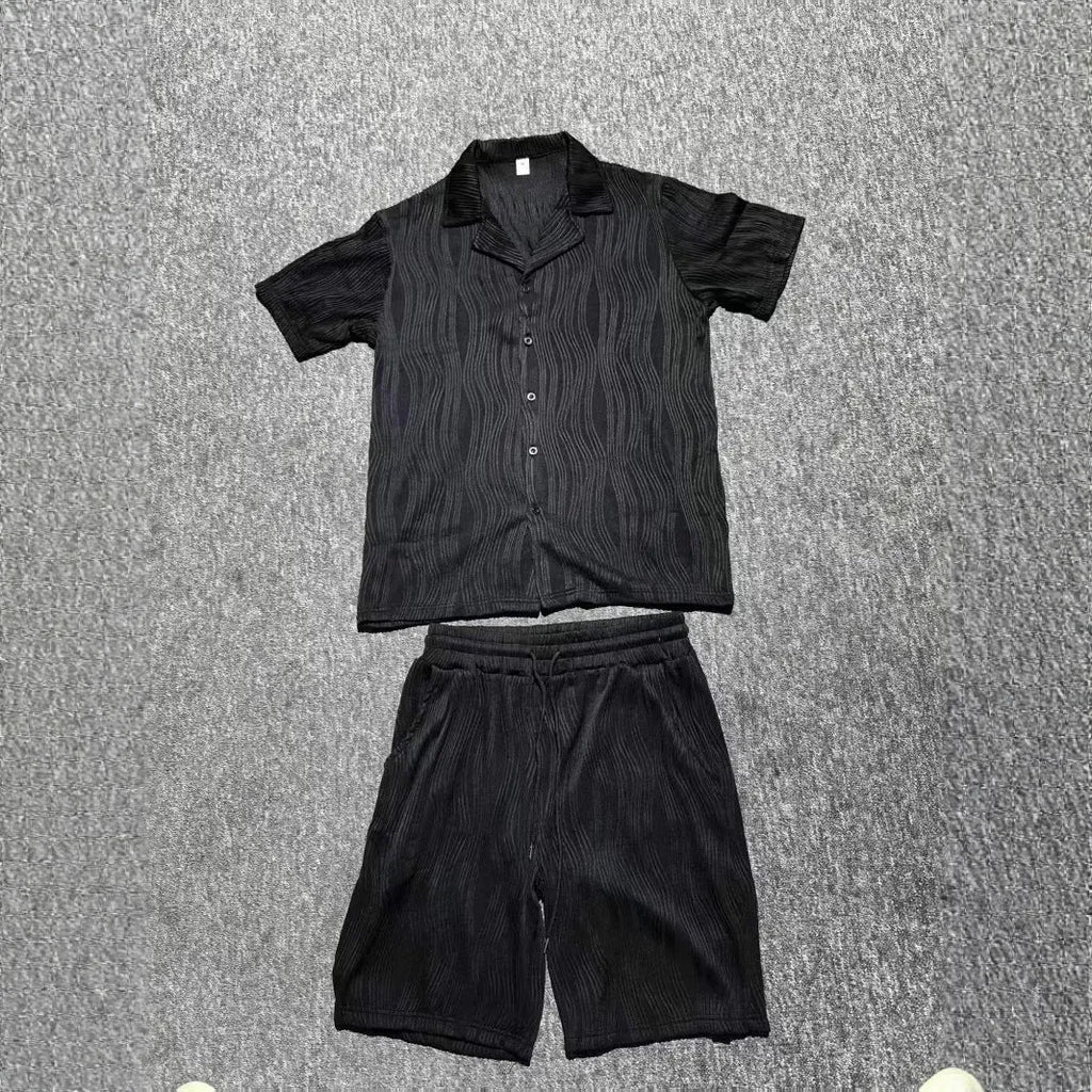 Men's black cotton blend short sleeve shorts set with wave pattern design
