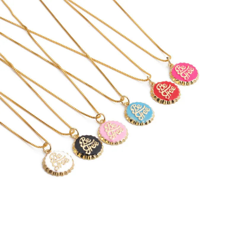 Copper electroplated bottle cap pendant necklace on a 40 cm box chain in various colours.