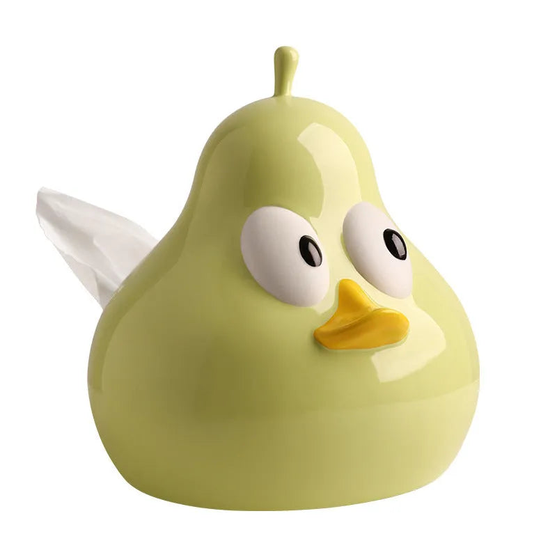 White porcelain ceramic tissue box with pear shape and animal-themed decorative design