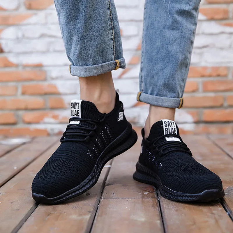 Men's steel toe work safety shoes breathable fly woven mesh low top black orange