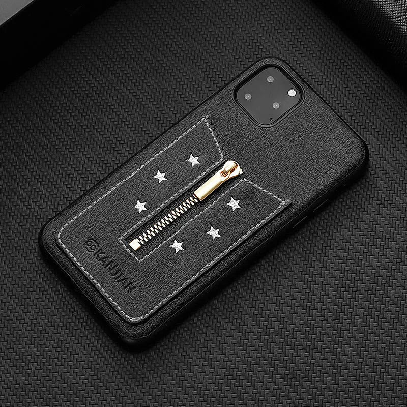 Black PU leather zipper phone case for iPhone and Samsung Galaxy Note models.