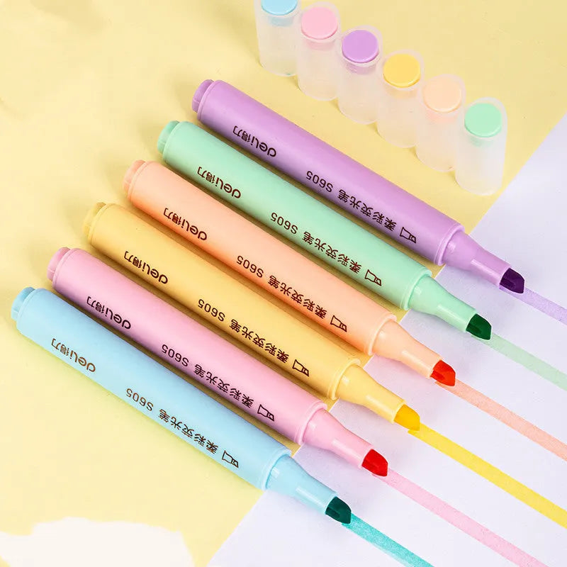 Deli S605 oblique head highlighter marker pen in soft colours with solid and transparent pen holder options