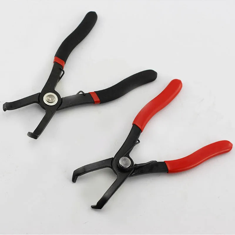 Red round nail removal pliers with adjustable steel jaws and black PVC handles.