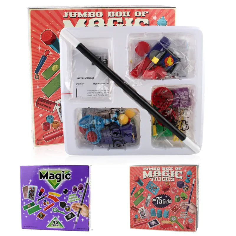 Purple and red magic prop set for children aged 3-7 years in cardboard carton packaging