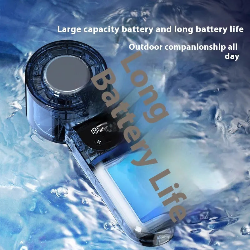 Handheld ice compress fan with LED digital display and USB charging in beige colour