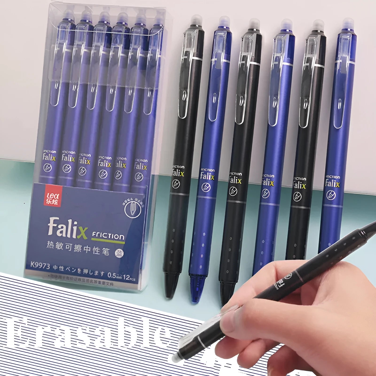 Blue and black erasable gel pen with 0.5mm stainless steel nib and plastic body for school use